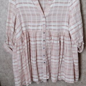 EASEL Coastal Cottagecore Blush Plaid Roll Sleeve Babydoll Top, S